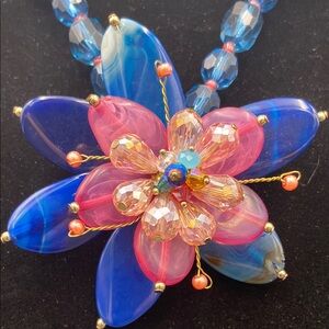 Blue & Pink Statement 4” Floral Necklace & Earring Set by W Stones & Beads NWT